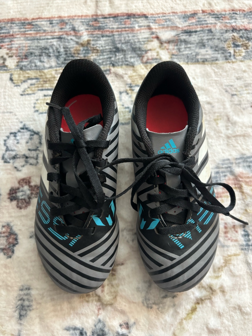 adidas Kids Messi Black & Gray Striped cleats with Blue Accents